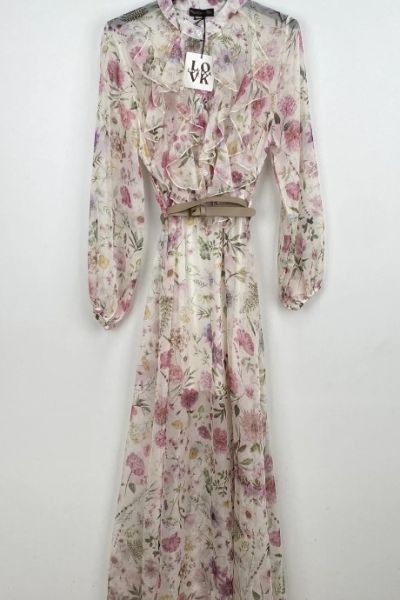 Lovika lang flower kjole med flæser 13833 rosa