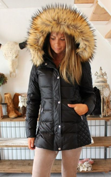 Rock and Blue Beam mid sort vinterjakke med natur faux fur