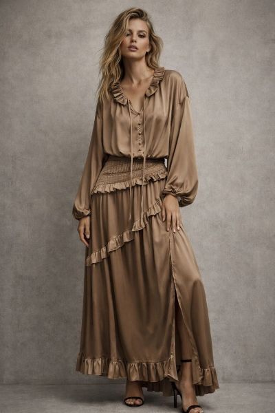 Mochy lang kjole med flæser 12707 camel