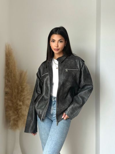Koolook oversized læder look jakke 3125 Dark grey