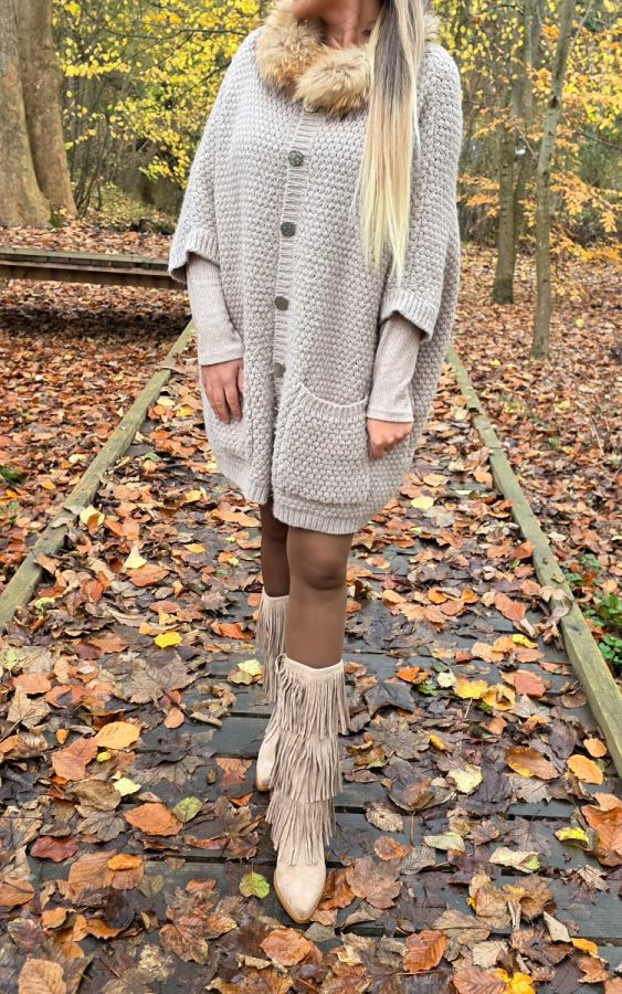 By Baunbaek poncho cardigan med vaskebjørns pelskant 30753 taupe