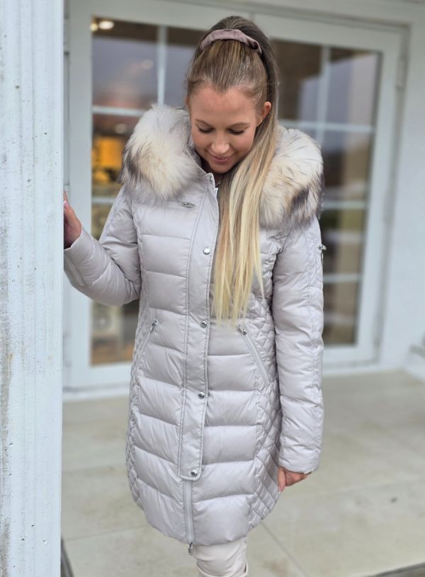 Rock and Blue Beam Grey Sand vinterjakke med Hvid ægte pels kvinde