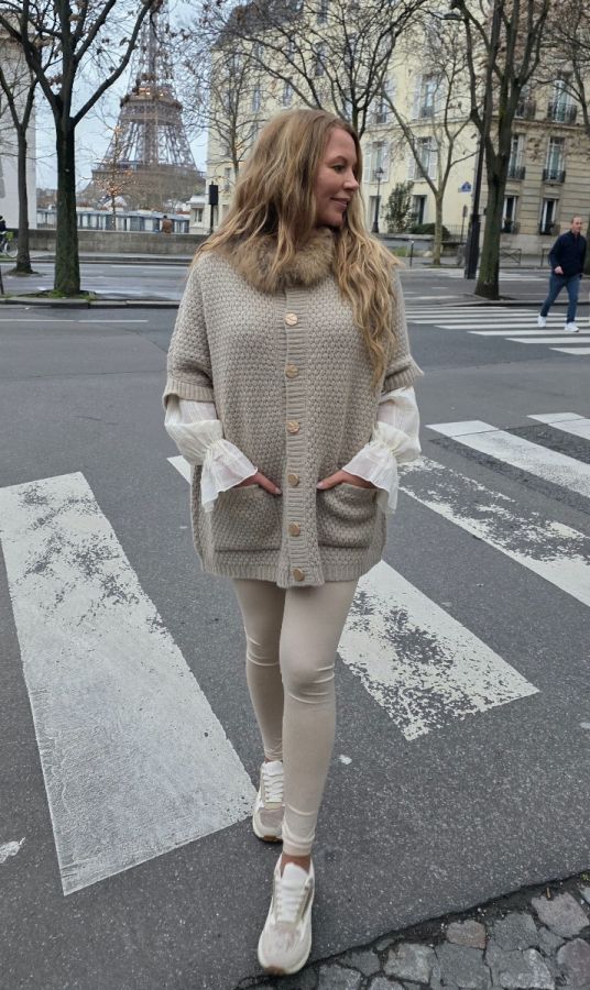 By Baunbaek poncho cardigan med vaskebjørns pelskant 30753 taupe