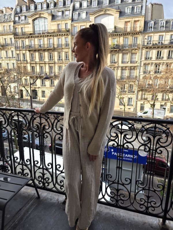 Catherine style stribet bomulds sæt 077 beige