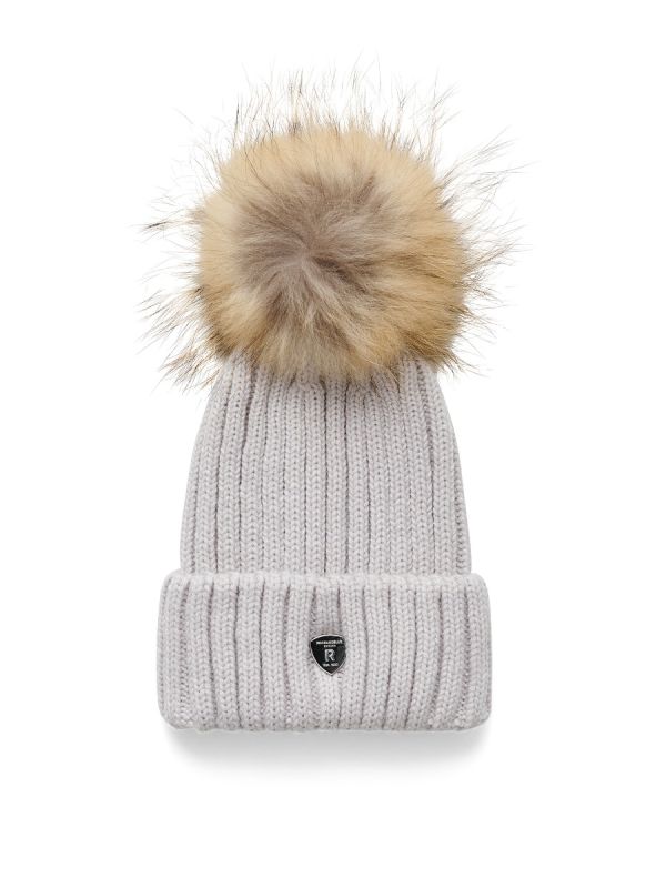 Rock and Blue Pom Pom Hat Light Grey/natur ægte pels kvinde
