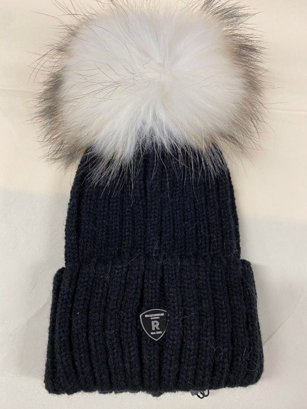 Rock and Blue Pom Pom Hat sort/hvid ægte pels kvinde