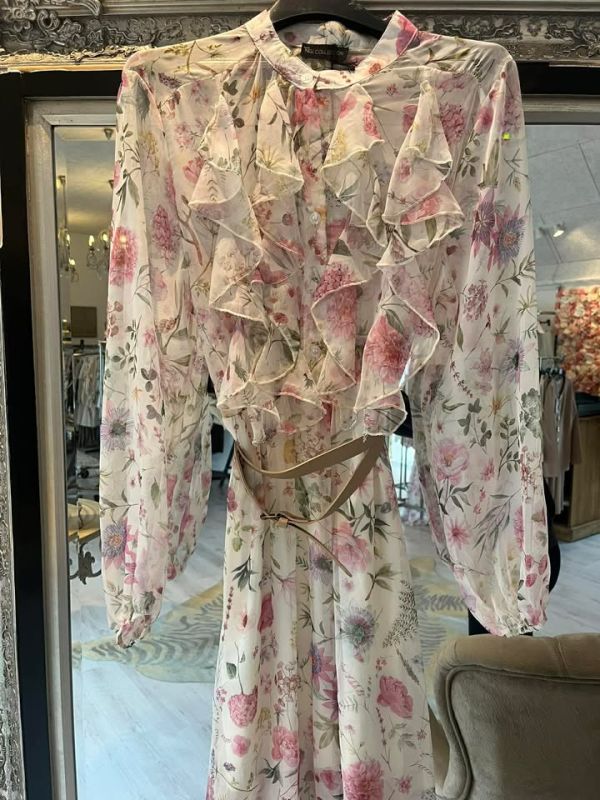 Lovika lang flower kjole med flæser 13833 rosa