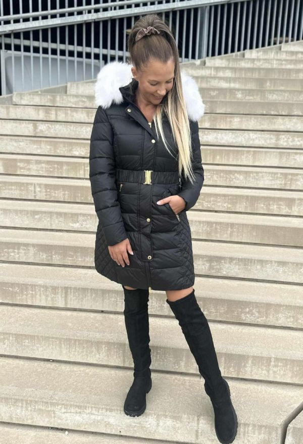 Rock and Blue Beam Belt Sort vinterjakke med Hvid Ægte pels kvinde