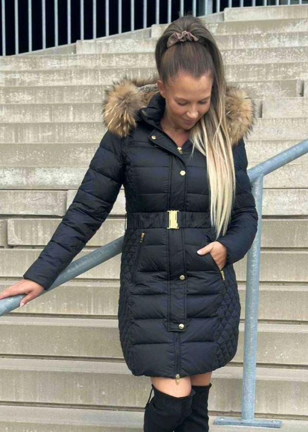 Rock and Blue Beam Belt Sort vinterjakke med Natur Ægte pels kvinde