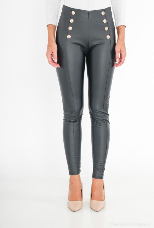 Melody læder look leggings Gold Buttons 907 sort