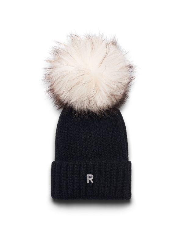 Rock and Blue Pom Pom Hat sort/hvid ægte pels kvinde