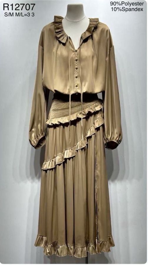 Mochy lang kjole med flæser 12707 camel