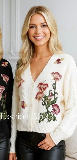 J&H Fashion cardigan med flower broderi 5023 beige